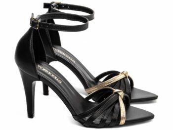 Sandália Feminina Salto Médio Fino Preto Metalizado Ouro Light Torricella AVS 2057A