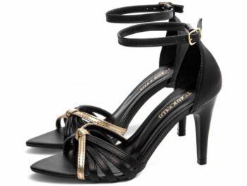 Sandália Feminina Salto Médio Fino Preto Metalizado Ouro Light Torricella AVS 2057A