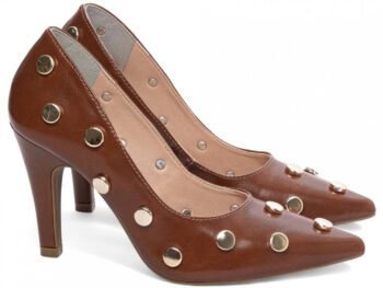 Sapato Scarpin Salto Fino Médio Caramelo Aplique Dourado Torricella AVS 68005B