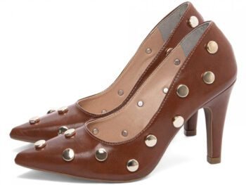 Sapato Scarpin Salto Fino Médio Caramelo Aplique Dourado Torricella AVS 68005B