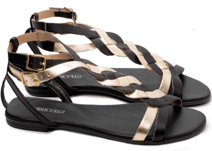Sandália Rasteira Trançadas Preta e Dourada Torricella AVS 55027C